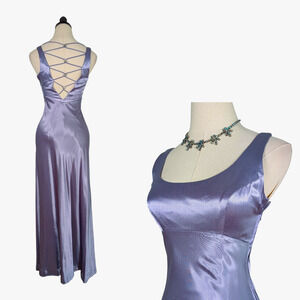 Vintage Zum Prom Dress Maxi Gown 4 Blue Purple 90s Y2K Babydoll Satin Glam Slip
